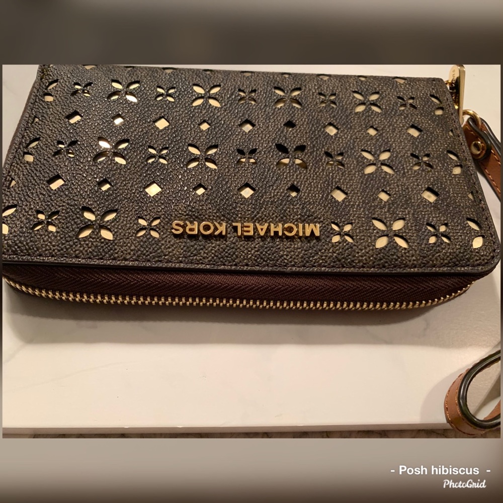 Michael Kors Black and Gold Flower Design Wristlet